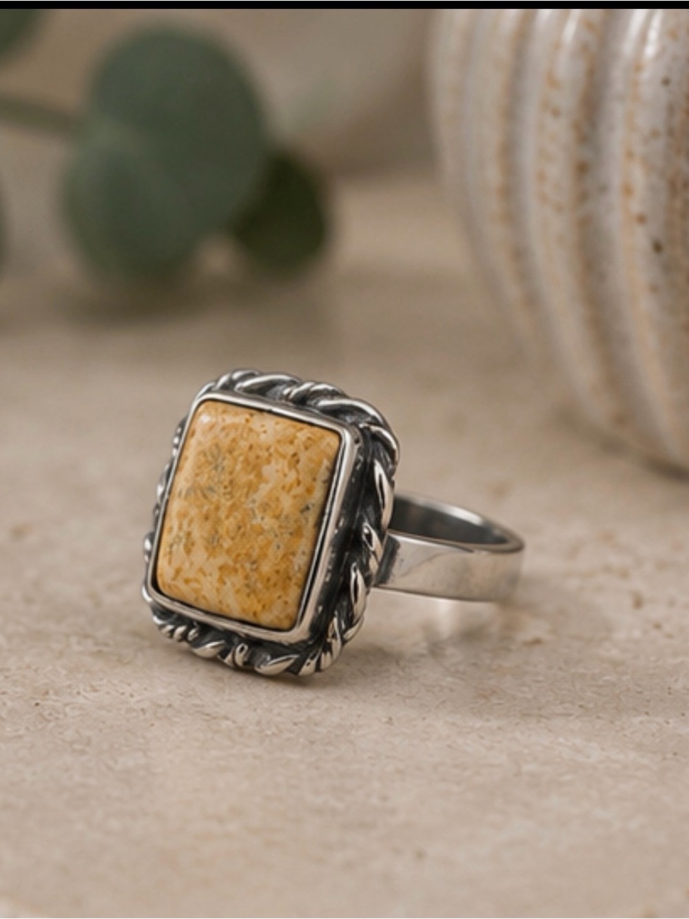 925 stealing, silver  natural Yellow Jasper Square Sterling Ring - Women Jewel